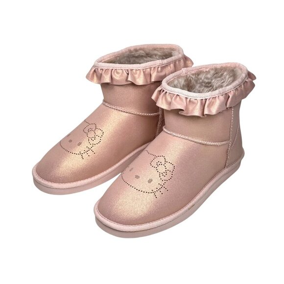 NWT Hello Kitty Sanrio Boots Sz.9 Pink Metallic Faux Fur Lining Ruffle Logo Y2K - Picture 2 of 11